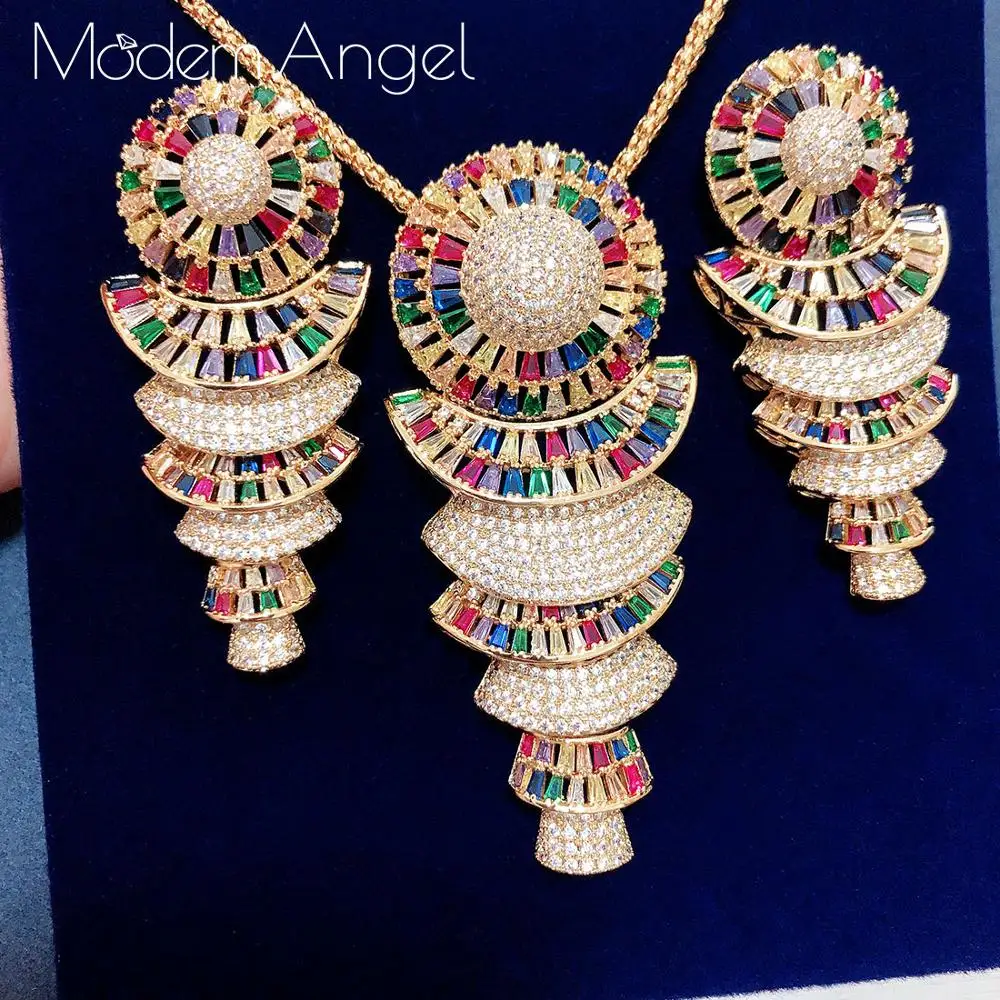 

ModemAngel Luxury Trendy Geometry Design Zircon Necklace Earring Jewelry Sets For Women Wedding Indian Dubai Bridal Jewelry Sets