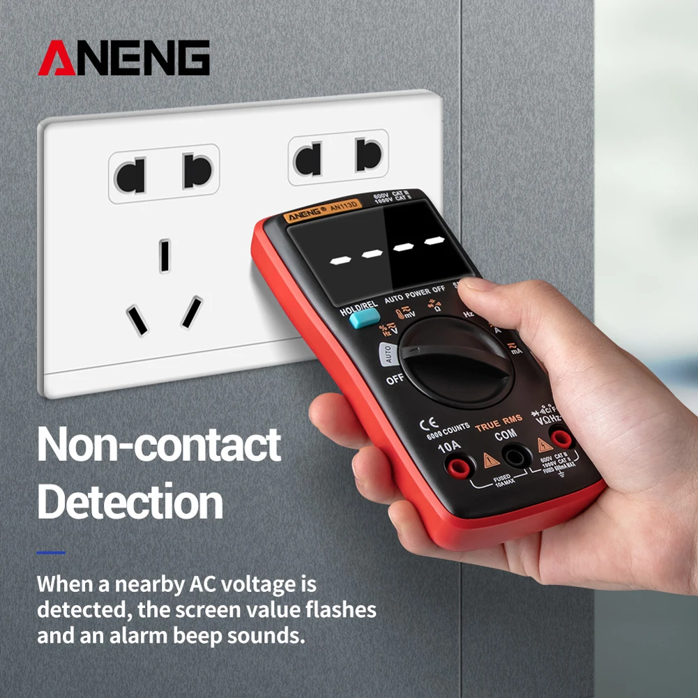 AN113D Digital Multimeter 6000 Counts Electrical Transistor Tester Temperature Auto Ranging AC/DC Voltage Meter for Electrician
