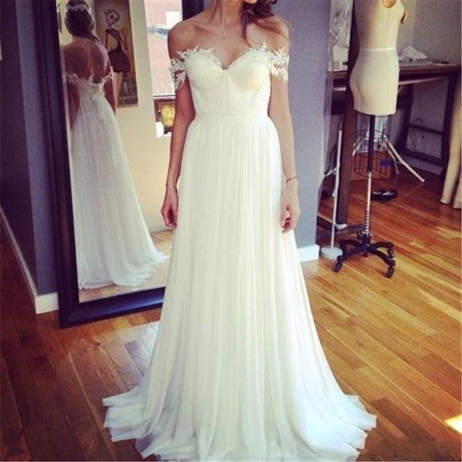 

Fashion Off Shoulder Pleats A-Line Bridal Sweep Spring Garden Beach Wedding Dresses Chiffon Bridal Dress Simple Appliques
