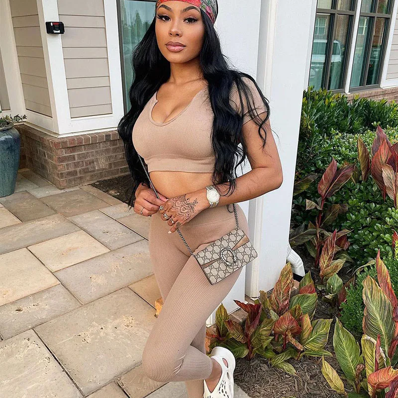 

Knit Ribbed Two Pieces Set Women Tracksuit Bodycon Crop Top and Elastic Pencil Pants Suits Casual Sport 2 Piece Sets Wholesale