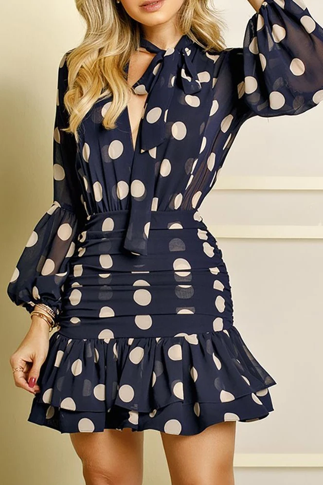 

2021 Summer women's new clothes Dot Print Mesh Ruffles Dress polka dot print lantern sleeve waist tight dresshigh quality