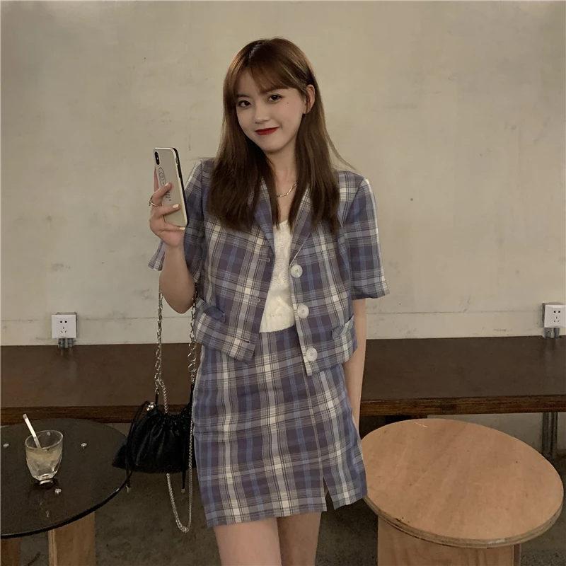 

Summer Office Women's Plaid Skirt Sets Casual Two-Piece Set Short Sleeve Blazer Split Skirt Female Outfits
