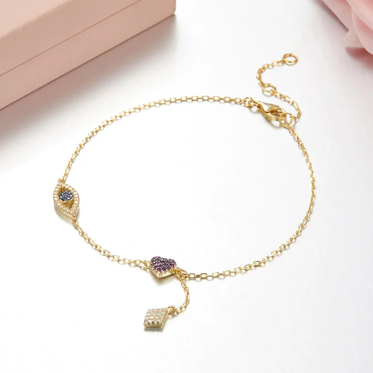 Браслет на ногу женский из серебра 925 пробы с забавным глазом и сердцем |