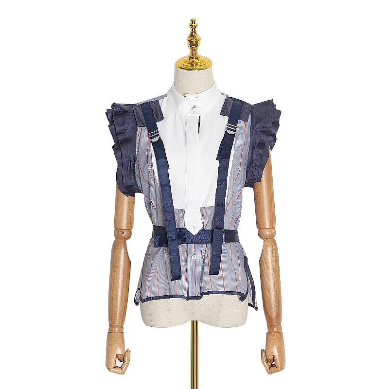 

Small design summer new fashion collar ruffled sleeveless stripe stitching waist shirt top women