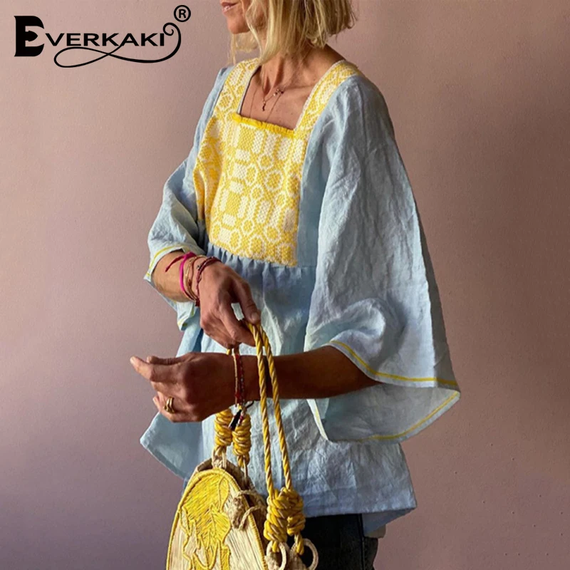

Everkaki Boho Geometric Pattern Print Patchwork Tops Women Blouses Oversize Summer Beach Plus Size Bohemian T-shirts Top 2021
