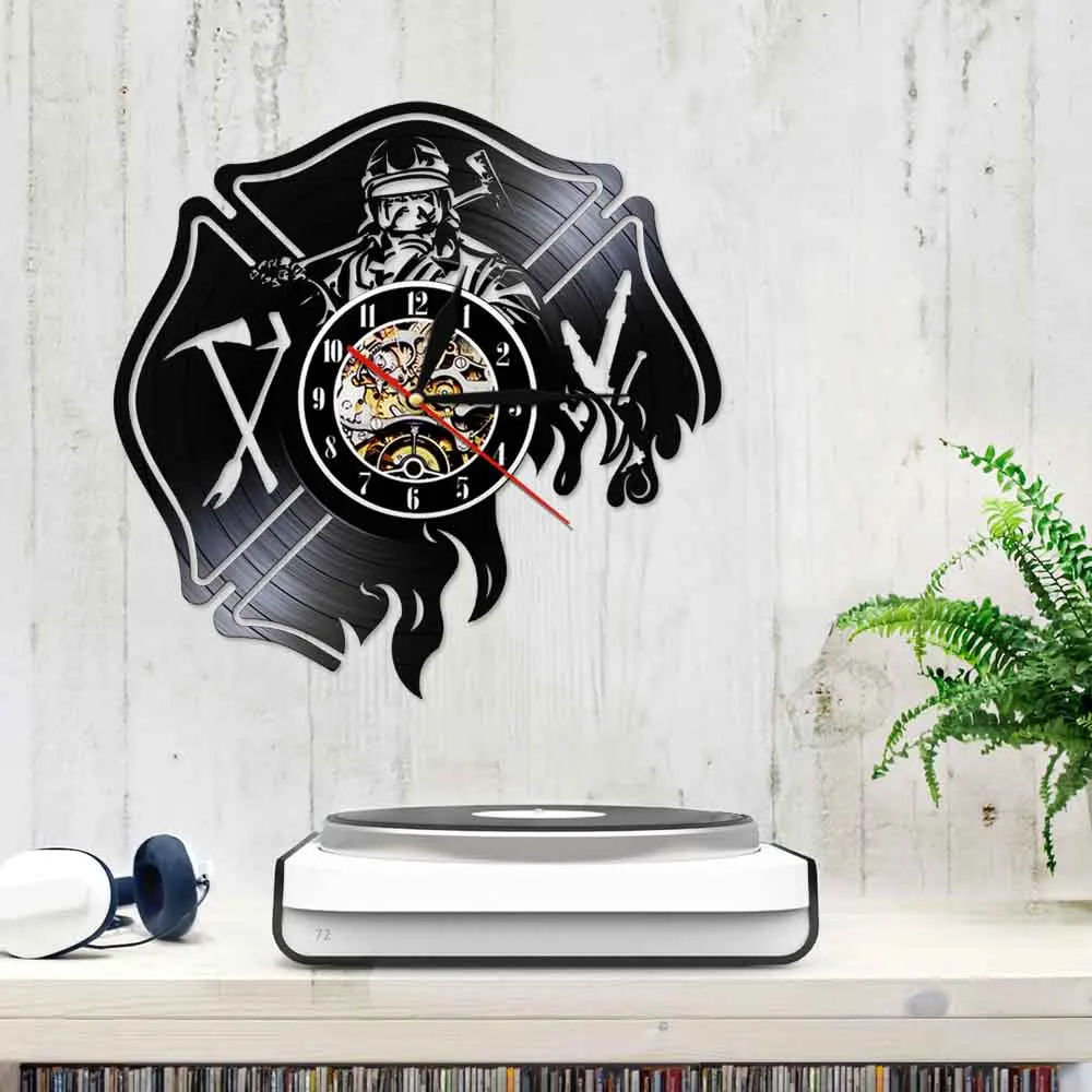 Настенные часы с силуэтами и тенями Fireman Fire Fighter виниловые записью подарки Dept
