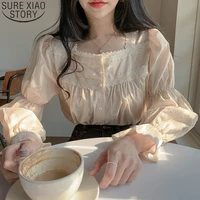 beige lace blouse vintage square collar women long puff sleeve shirt solid cardigan sweet shirt blusas clothes women tops 11200