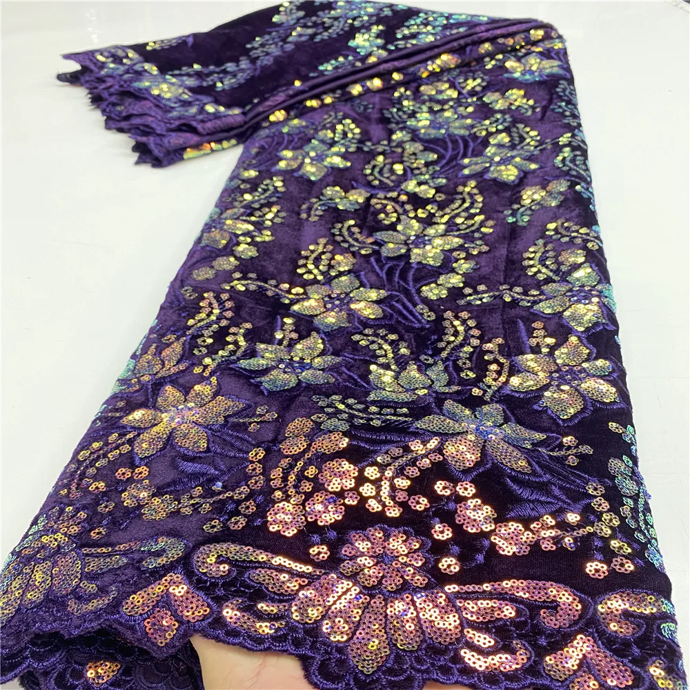 

Latest african velvet lace fabric with sequins embroidered nigerian french lace Royal blue high quality sequins velvet for dress