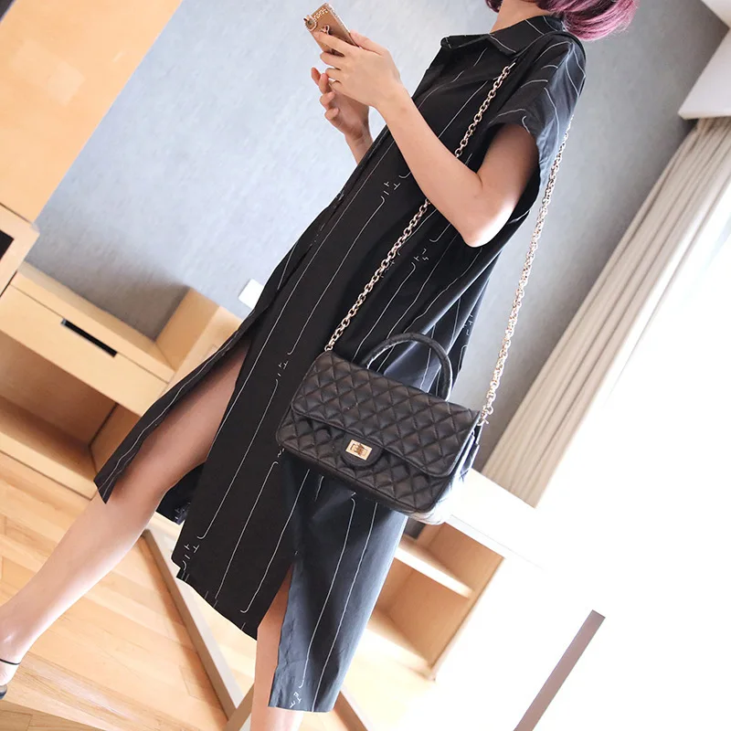 LANMREM Полосатое свободное женское платье с отворотом коротким рукавом и большим