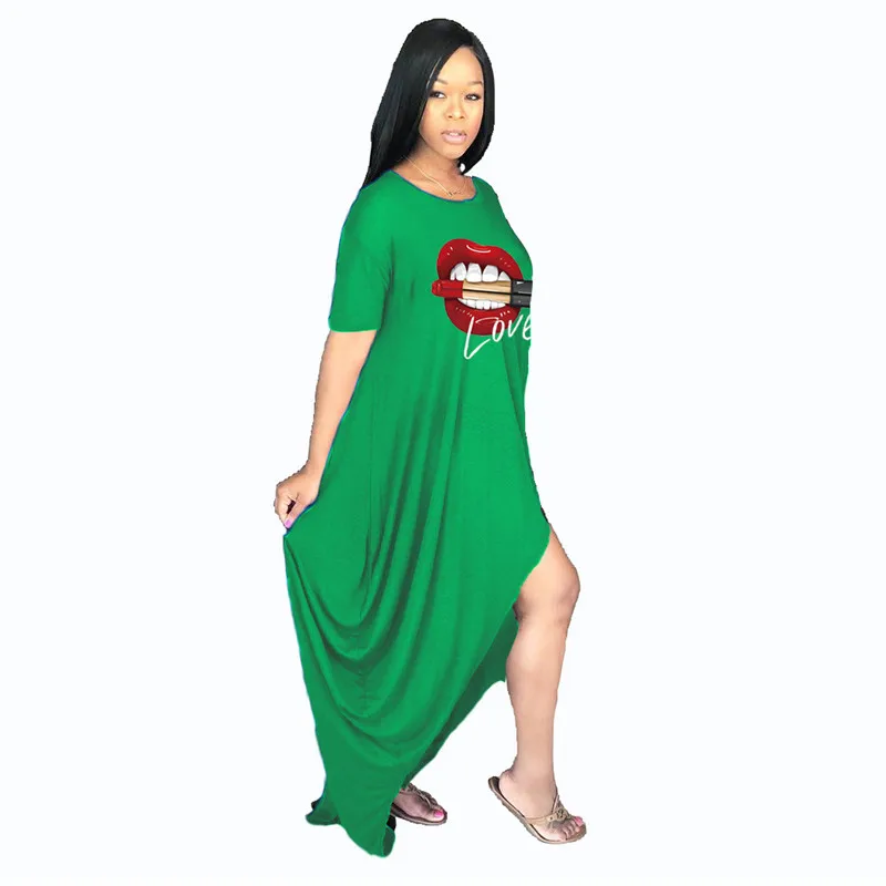 

2021 summer wholesale casual loose lip print irregular edge fashion long skirt plus size S-4xl women's dress