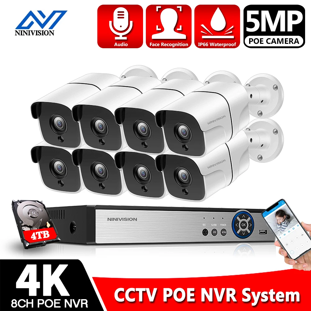 

H.265 8CH 1080P 5MP POE NVR Kit AI Human Detection 5.0MP POE IP Camera Outdoor Waterproof P2P CCTV Audio Video Surveillance Set