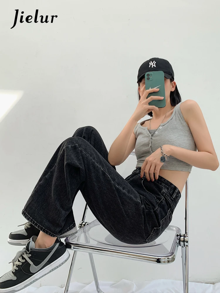 Jielur Джинсы Женские повседневные с высокой талией шикарные брюки из денима