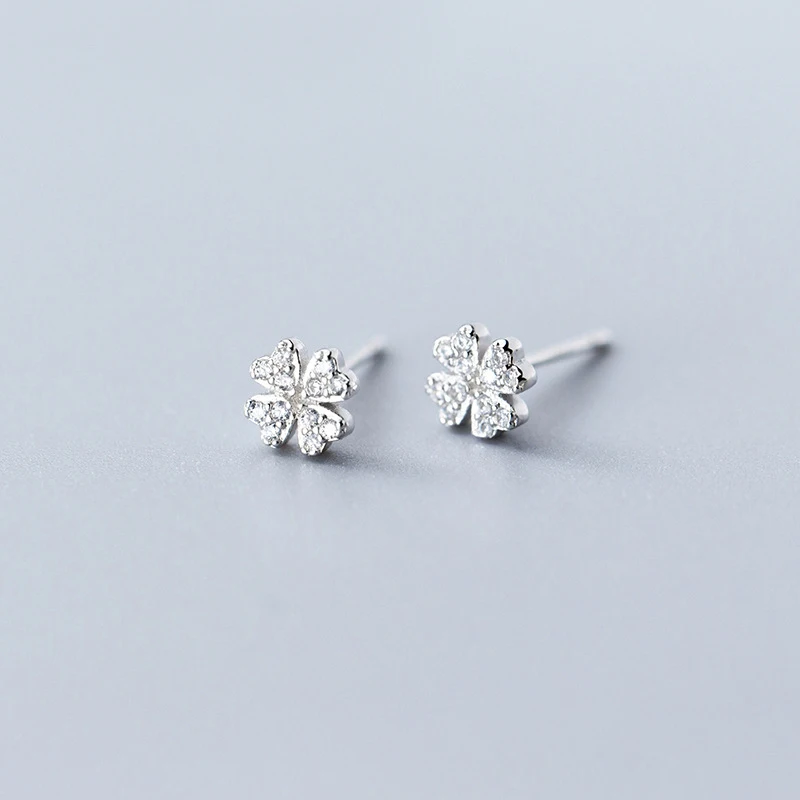 

COLUSIWEI 925 Sterling Silver Shining Zircon Four-Leaf Flower Stud Earring for Women Rose Gold Color Earring Wedding Jewelry