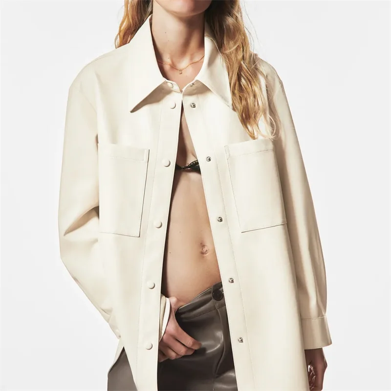 

ZXQJ 2021 Модные женские свободные блузки из искусственной кожи с карманами винтажные женские рубашки с длинным рукавом и пуговицами шикарные топы