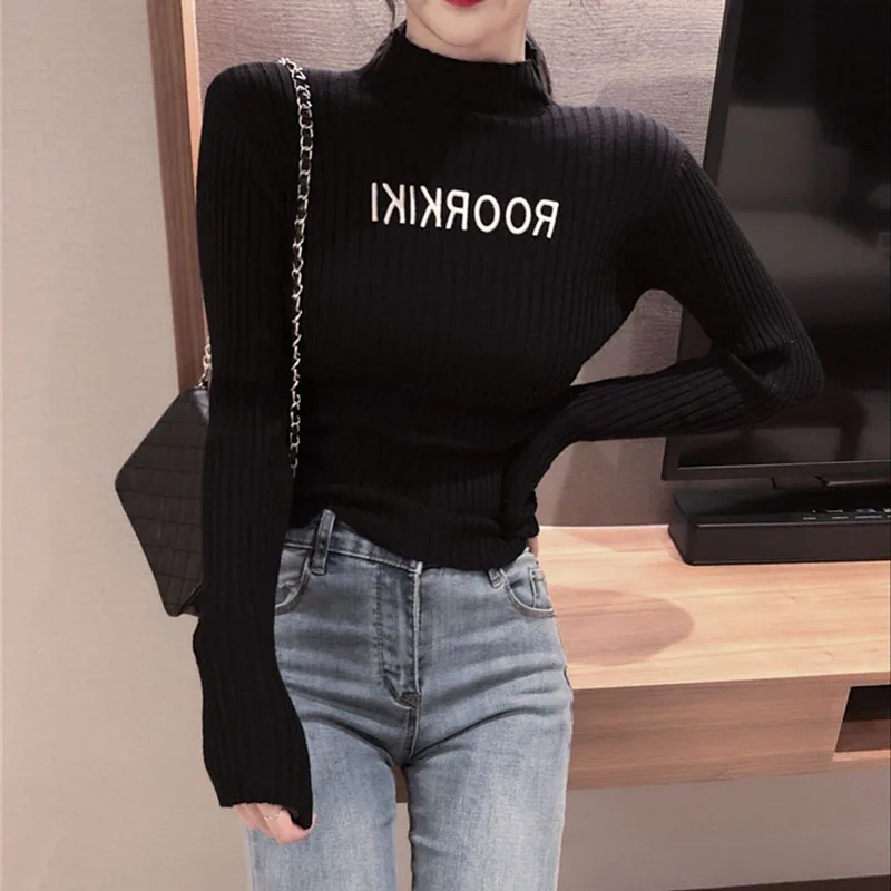 Вязаный свитер весна-осень женский новинка базовый эластичный с высоким