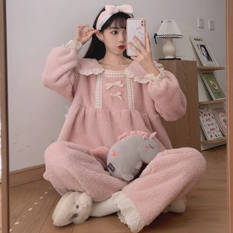 

Harajpee Sweet and Lovely Pajama Princess Style Pajamas Women Autumn and Winter 2021 New Suit Plush Thickened Home Clothes