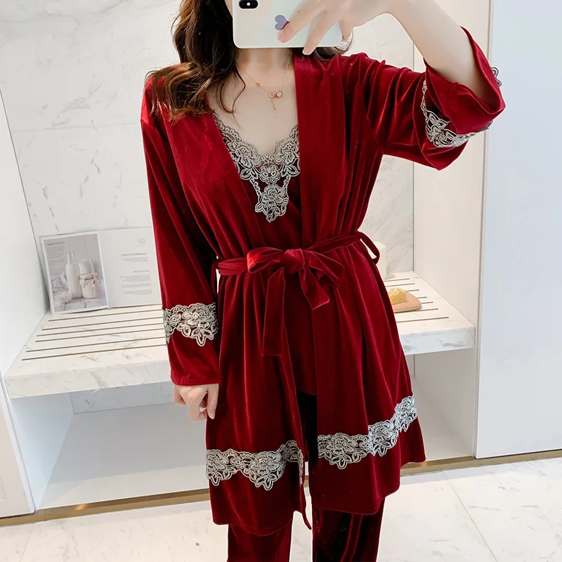 

Sexy Velvet Pajamas Set Soft Kimono Bathrobe Gown Women 3PCS Sleepwear Casual Nightwear V-neck Sleep Set Lace Pijamas Homewear