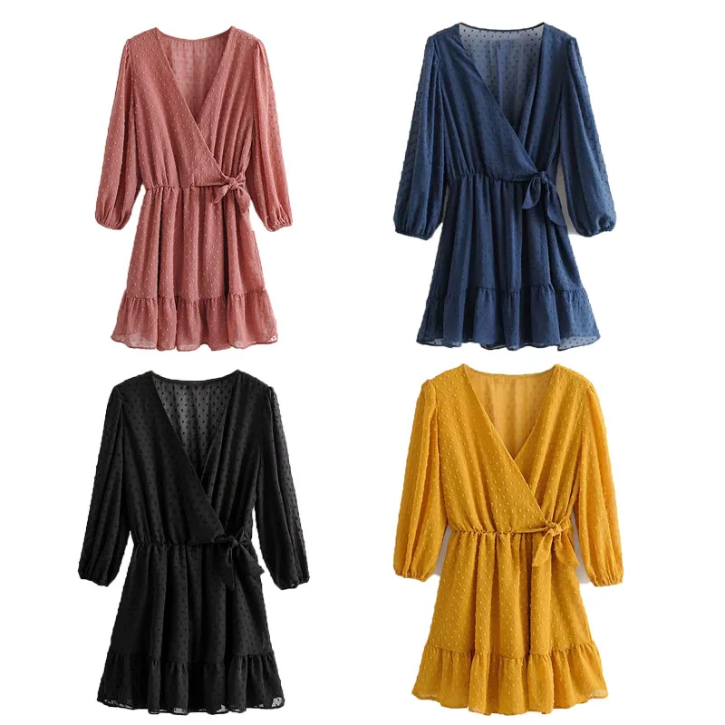 

Vintage Boho Mini Dress Women Summer Beach Bow Decoration Dresses Fashion Casual V-Neck Ruffles Lace Chiffon Streetwear 2021