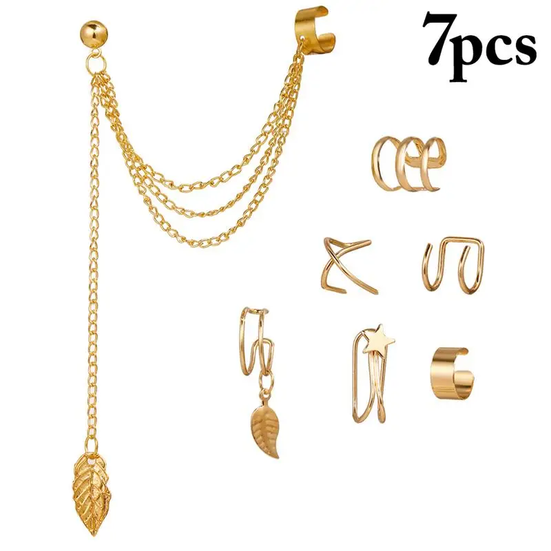 7 шт. женские серьги в форме листьев Форма с нестандартными манжетами цепи