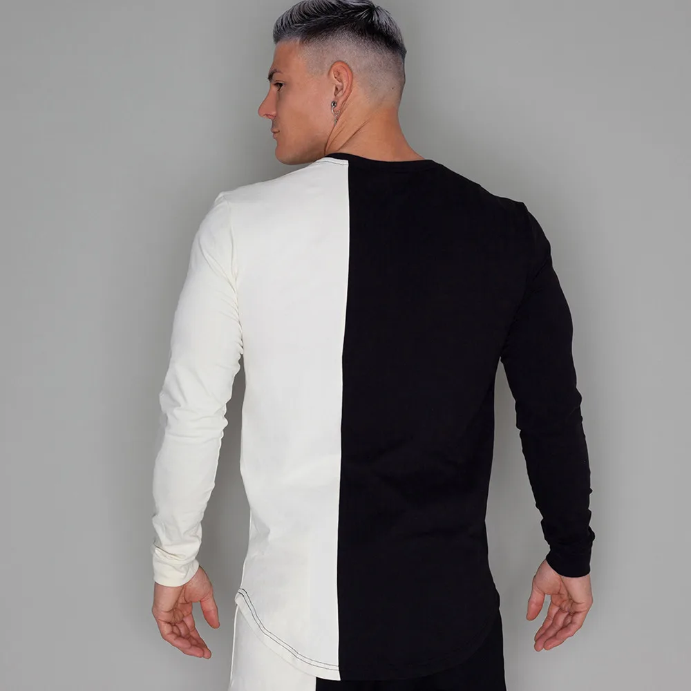 Мужская футболка в стиле пэчворк повседневная облегающая с длинным рукавом