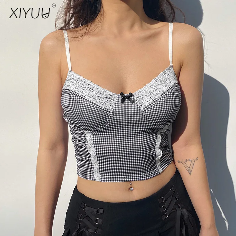 

XIYUU Summer Camis Slim Tops Women Sexy Lace Trim Patchwork Vest Croped Top Plaid Printing Camisole V-neck Basis Tank Top