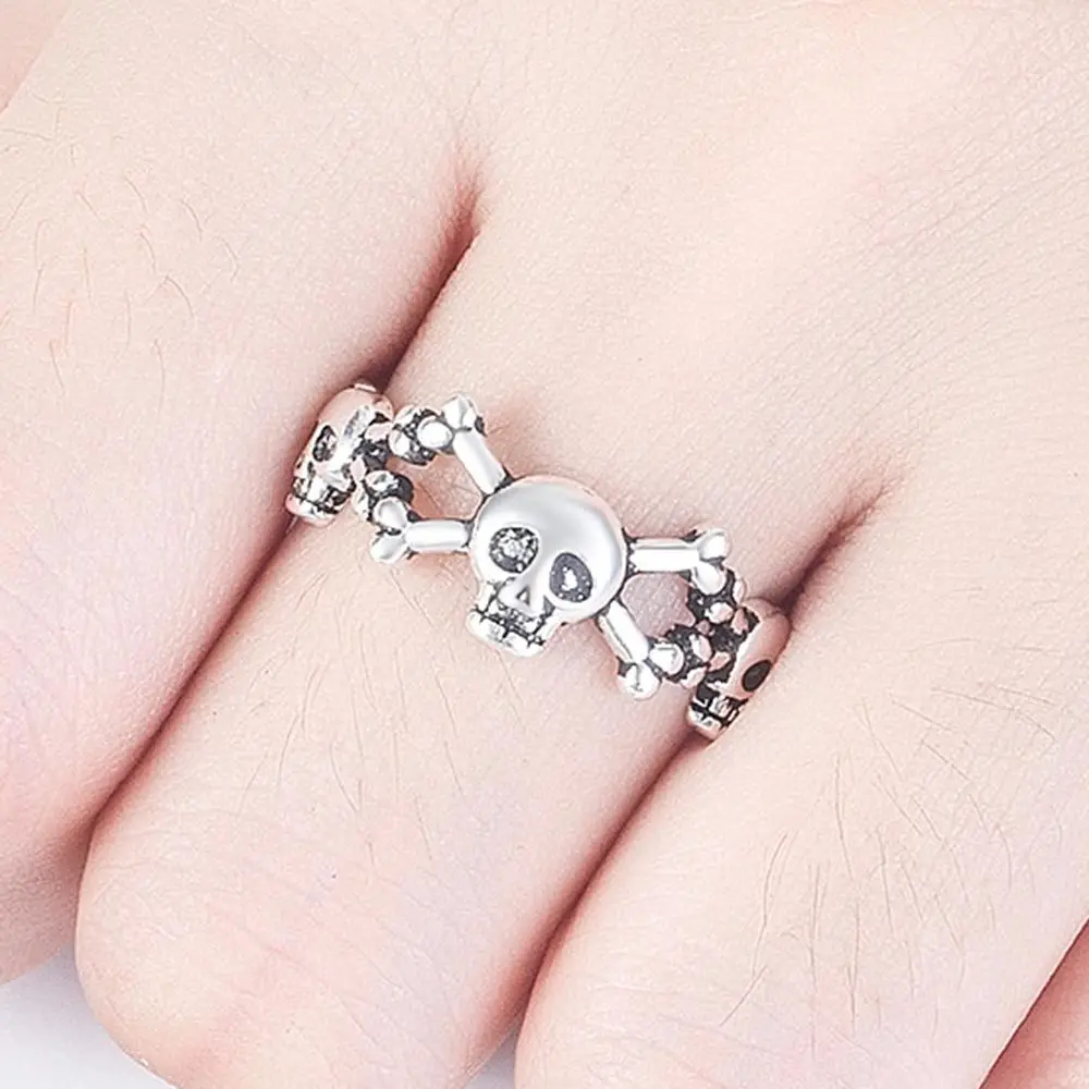 

Black Skull Skeleton Vintage Punk Big Thai Silver Color Adjustable Ring For Women Mens Fashion Korean Chunky Jewelry