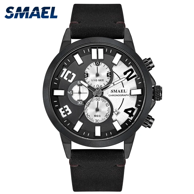 

Роскошные спортивные военные часы SMAEL, мужские наручные водонепроницаемые часы, мужские часы с кожаным ремешком, кварцевые наручные часы, м...