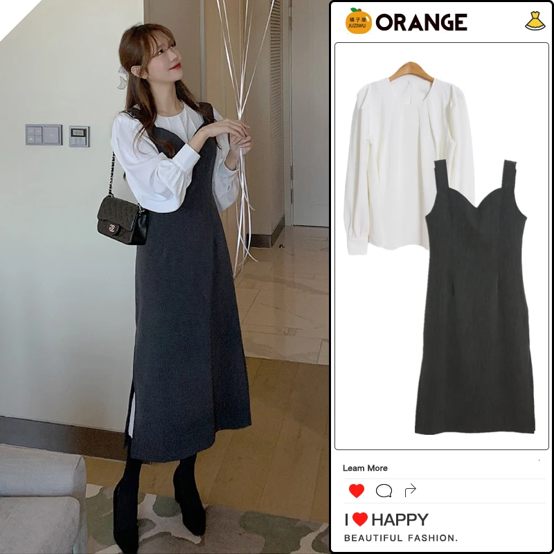 

KUSAHIKI Spring Korean Elegant 2pieces Sets Korean Split Tank Dress + Puff Sleeve O-neck Pullover Blouse 2021 New Outfits 6E651