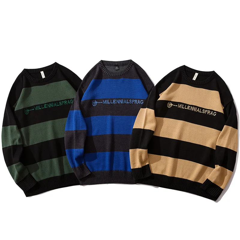 

Original Street Fashion Men Loose Color Contrast Stripe Sweatshirt Male Hedging Round Neck Sweater Hoodie