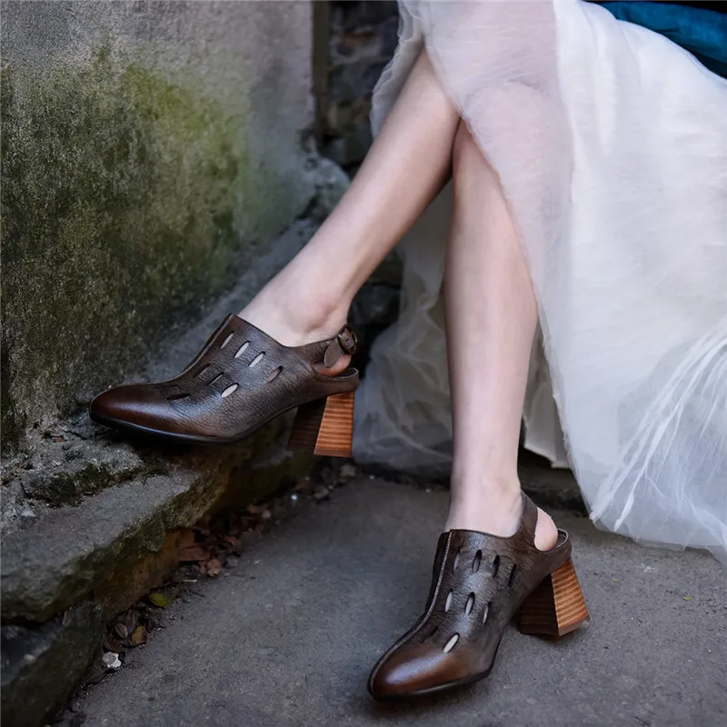 

Artmu Origional Retro High Heels Women Shoes Chunky Heels Closed-toe Sandals Genuine Leather Hollow-out 2020 New Handmade Shoes
