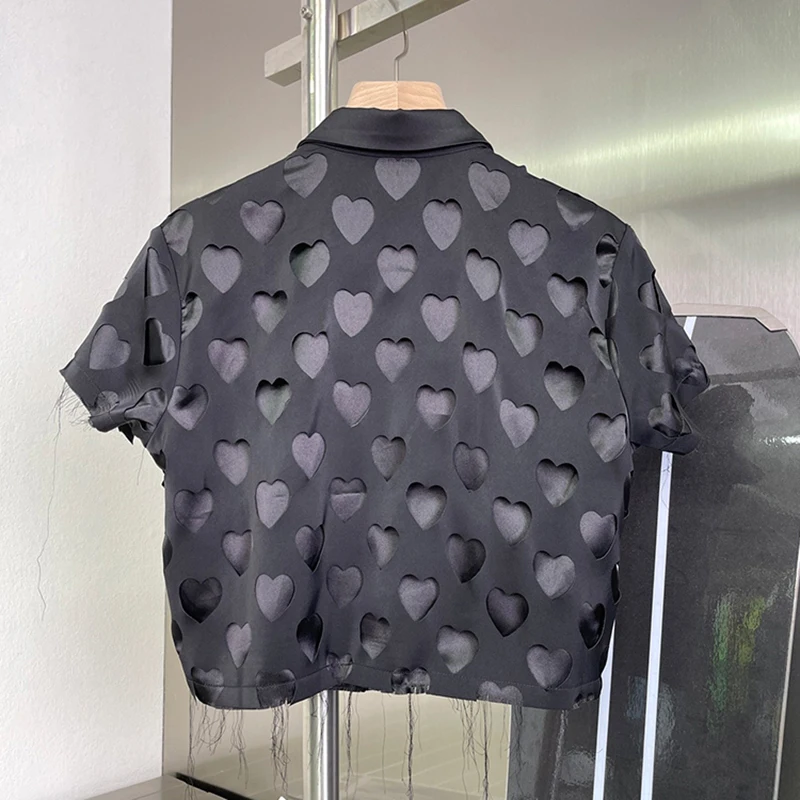 

GALCAUR Straight Sweet Black Shirt For Women Lapel Collar Short Sleeve Hollow Out Minimalist Solid Blouses Female 2021 Clothing