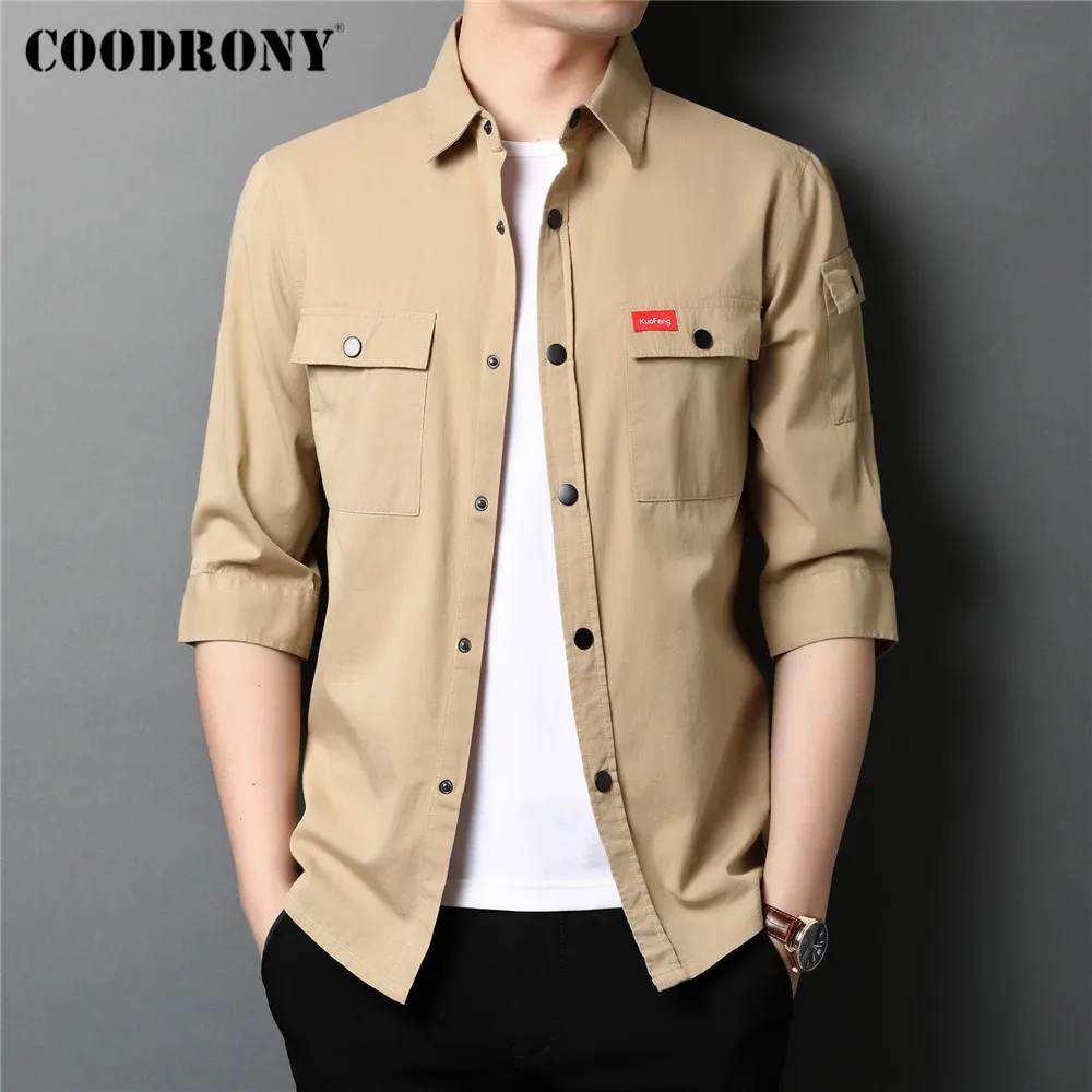 Рубашка COODRONY C6058S мужская с большими карманами, 100% хлопок, рукав до локтя, брендовая уличная одежда, весна-лето