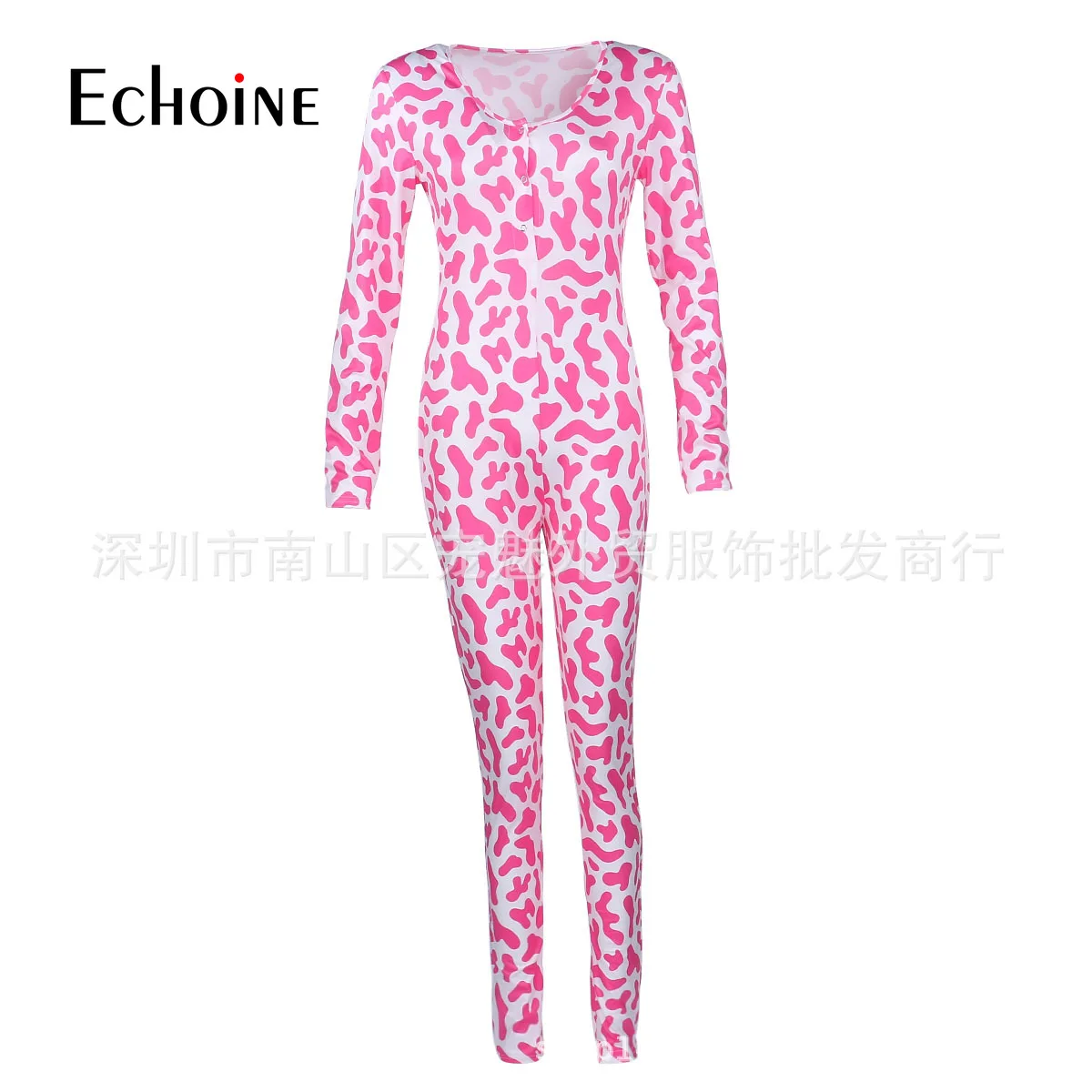 

Echoine Womens Sexy Cartoon print Home Onesies Jumpsuit Sleepwear long Sleeve V Neck Bodycon Jumpsuit Bodysuit Romper trousers