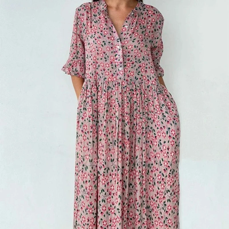 

Bohemian Summer Dress Women Floral Print Short Sleeve Woman Dress Maxi Pink A-Line Ruffles Dresses for Women 2021 Sundress