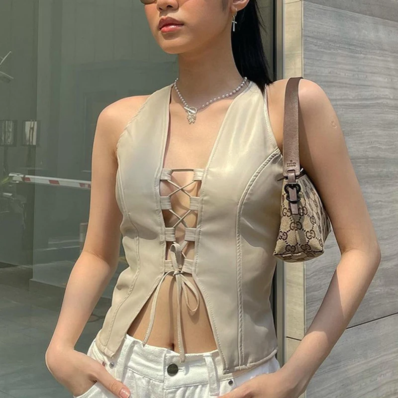 

Летние пикантные однотонные Bandege с лямкой на шее Топ без рукавов из искусственной кожи для женщин на бретельках без рукавов укороченный топ ...