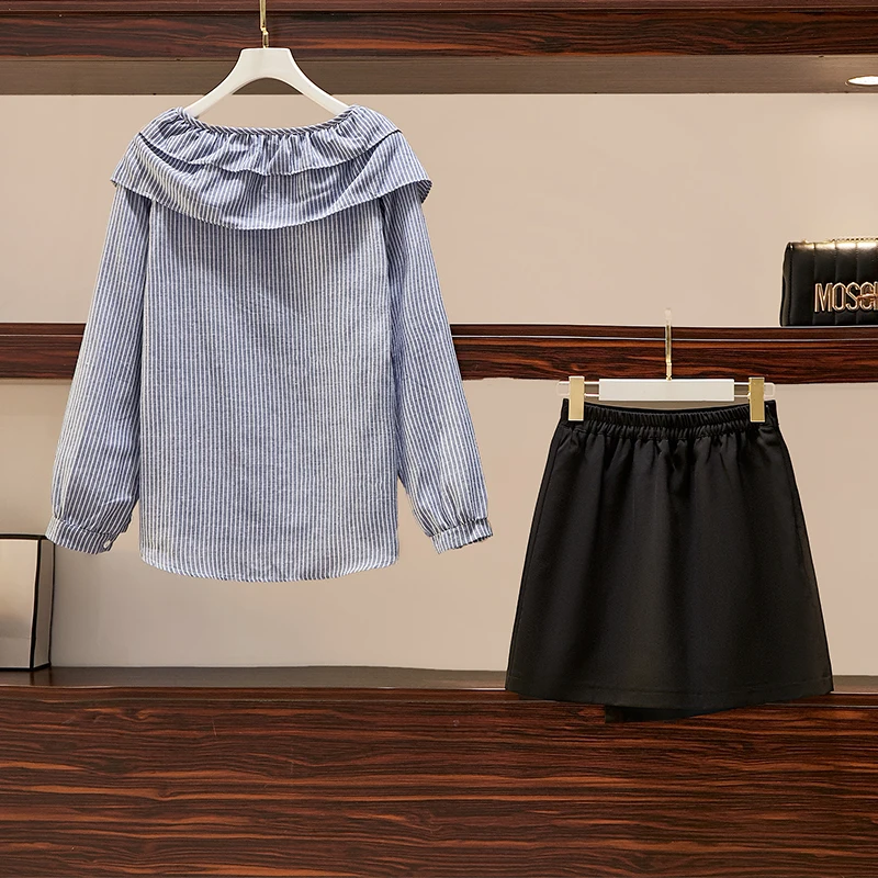 

Autumn Wear Woman Wear Big Yards Women New Suit Blouse Top Black Irregular Skirt 2 Pcs Clothing Set Outfit Leisure Suit Vogue