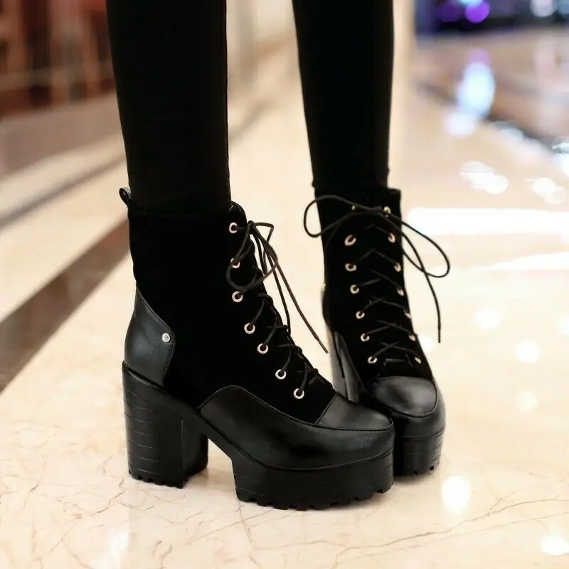 Женская нескользящая обувь на шнуровке высоком квадратном Высокая платформа