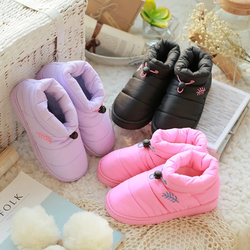 Waterproof down cloth cotton slippers in winter women's bag with thick soles and antiskid couple's living in home, indoor,