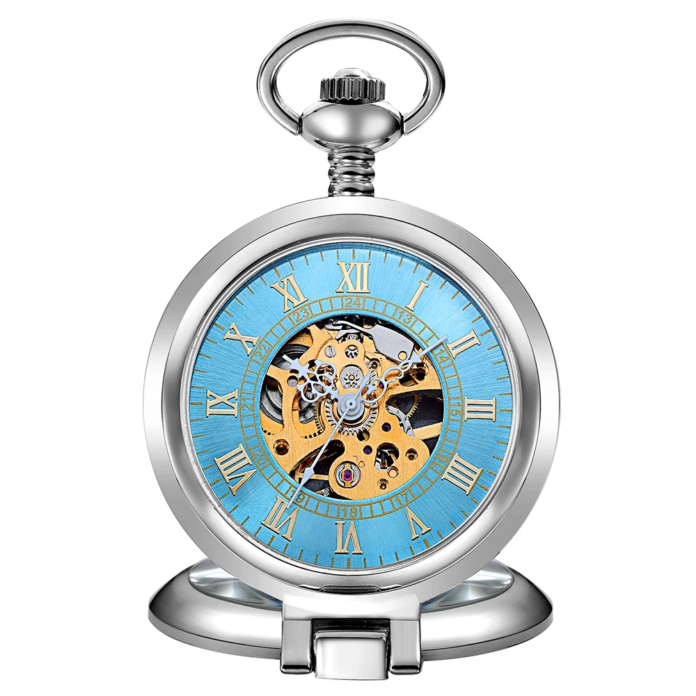 

Vintage Hand Winding Pocket Watch Roman Numerals Mechanical Watch Fob Chain Pendants Unique Table Stand Clock for Men Women