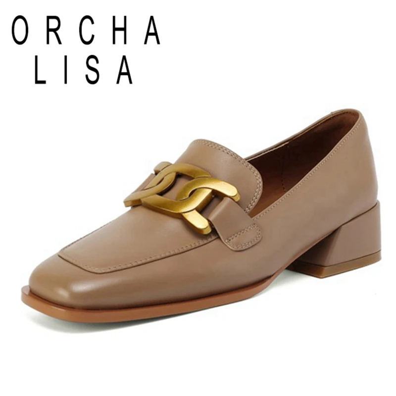 

ORCHA LISA 2021 Genuine Leather Ladies Pumps Lofers Square Toe Metal Decoration Slip On 4cm Chunky Heel US8 Black Apricot A4329