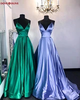 long green bridesmaid dresses 2021 satin deep v neck a line spaghetti strap vestido de fiesta de boda sweep train guest gown