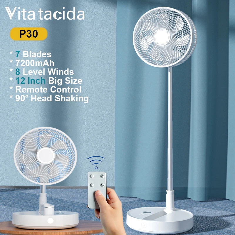 Dobrável sem Fio Ventilador de ar Condicionado de Mesa Telescópico para Camping Viagem e para Casa Ventilador Portátil Cabeças P30 7200mah 12