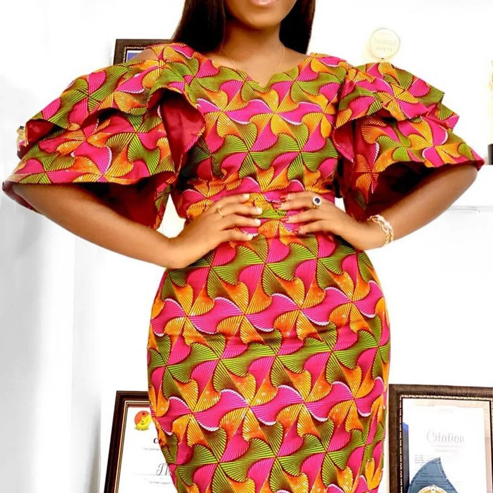 

Women Dress 2021 New Vintage Ruffle Pattern Print Bodycon Vestido African Female Plus Size V Neck Party Office Dresses Retro