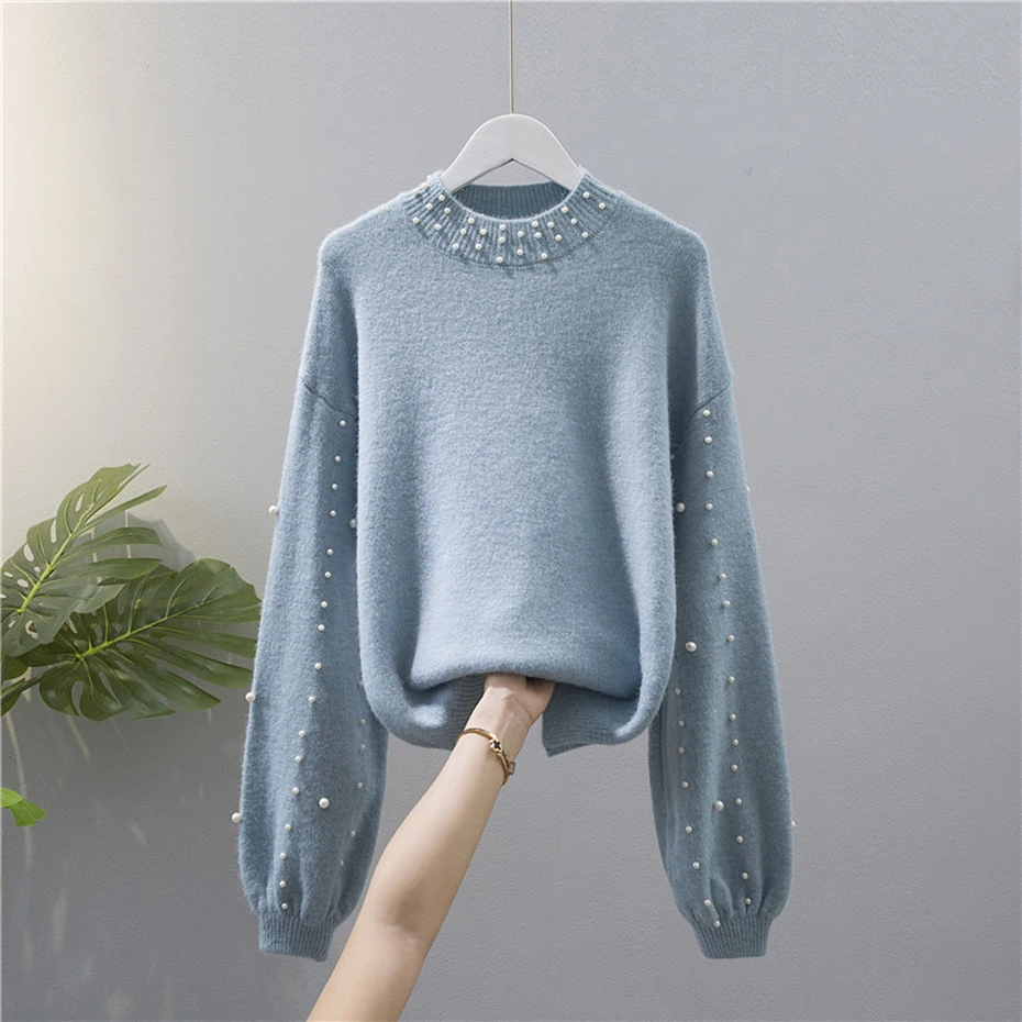 

Solid Lantern Sleeve Beading Sweater Women O-Neck Long Sleeve Winter Jumper Loose Casual Knitwear Female Pullovers White Sweater