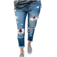 high waist women jeans ripped snow printed straight leg denim pants causal hole all match full length lady skinny pencil pants