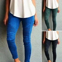 women fashion solid color elastic waistband slim skinny pencil pant trouser