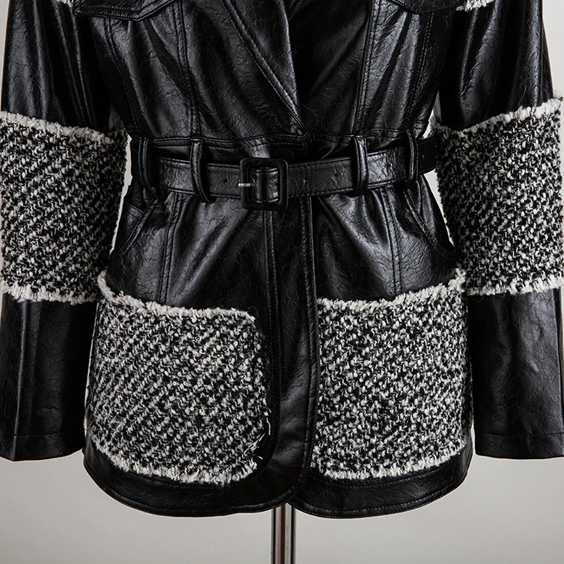 

Patchwork PU Leather Woolen Coats Female Lapel Collar Long Sleeve High Waist Lace Up Hit Color Jackets Women Tide