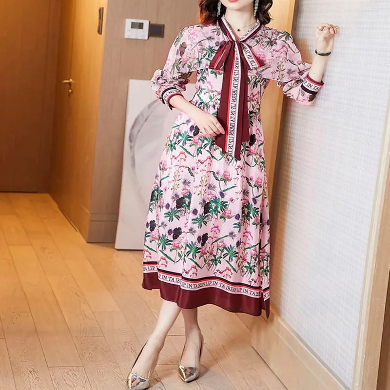 2020 spring new large size Dresses Women female temperament lotus leaf sleeve stitching floral silk print dress long | Женская одежда