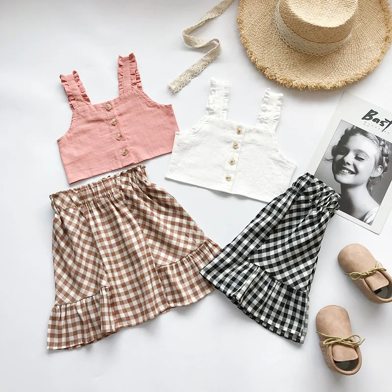 Модный комплект детской одежды для девочек одежда укороченные топы и клетчатая