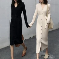 knitted dress womens spring 2021 new fashion hong kong style v neck single breasted high waist and thin sweater long dress